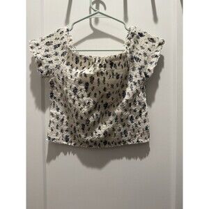 Urban Outfitters White Floral Smocked Short Sleeve Ruffle Crop Blouse Top Size L